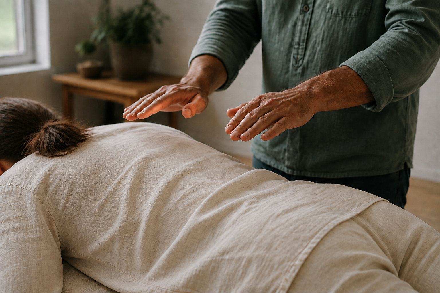 A Reiki practitioner’s hands held gently above a fully clothed client’s upper back